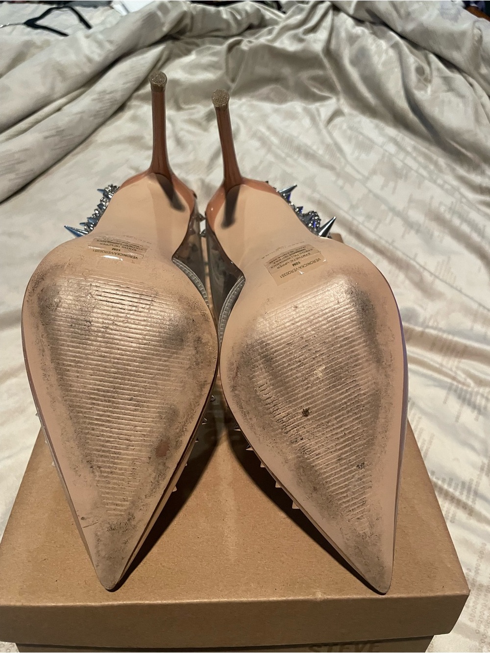 Steve Madden Clear PVC Nude Insole Spike & Crystal Pointed Pumps - Picture 4 of 6